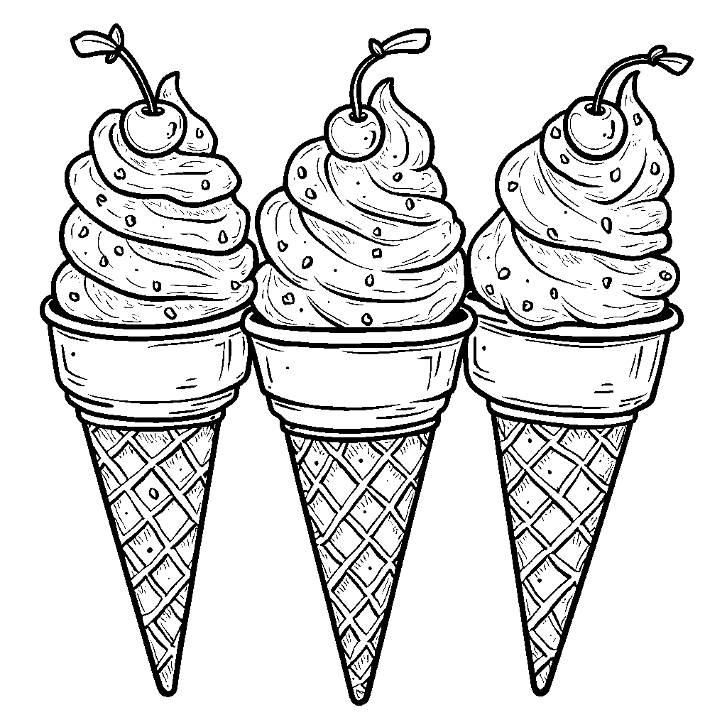 W-shaped ice cream cones with sprinkles and cherry toppings