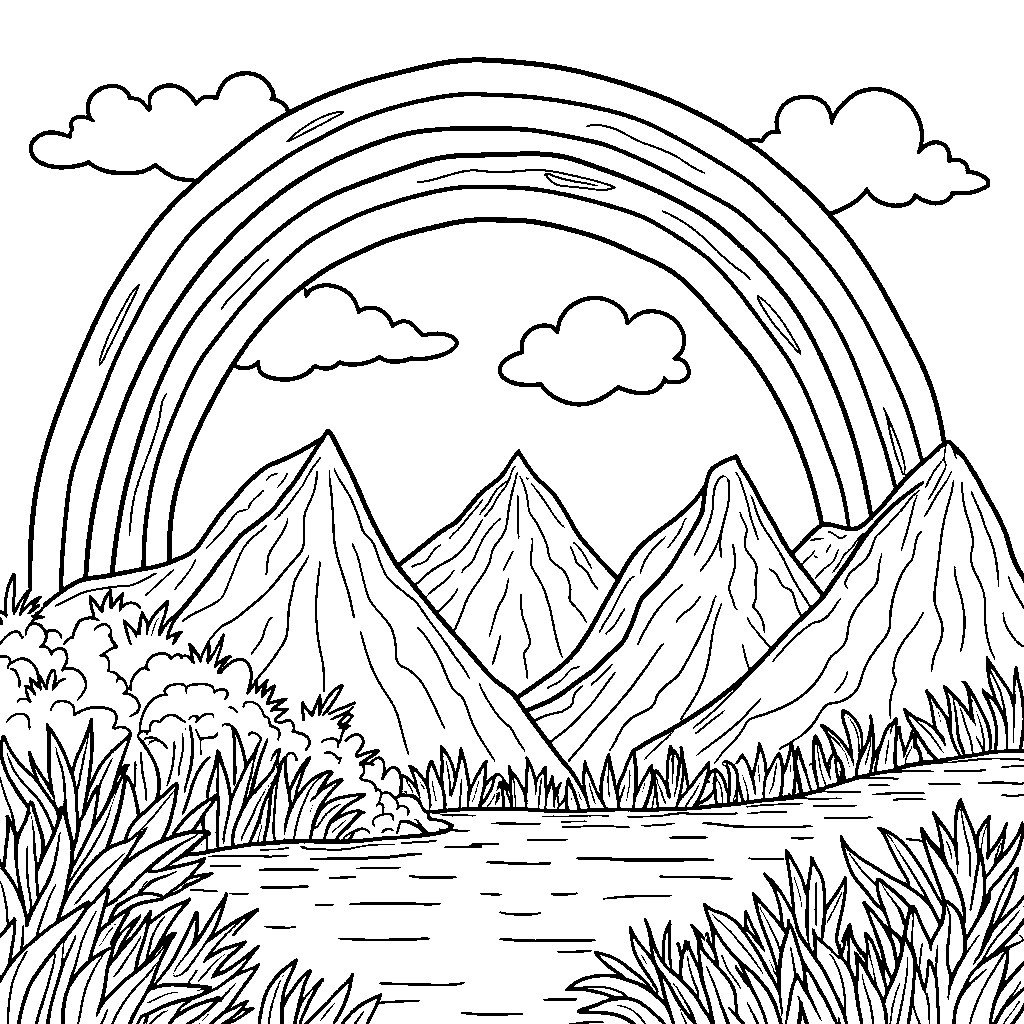 W shaped mountains with a rainbow arching over them