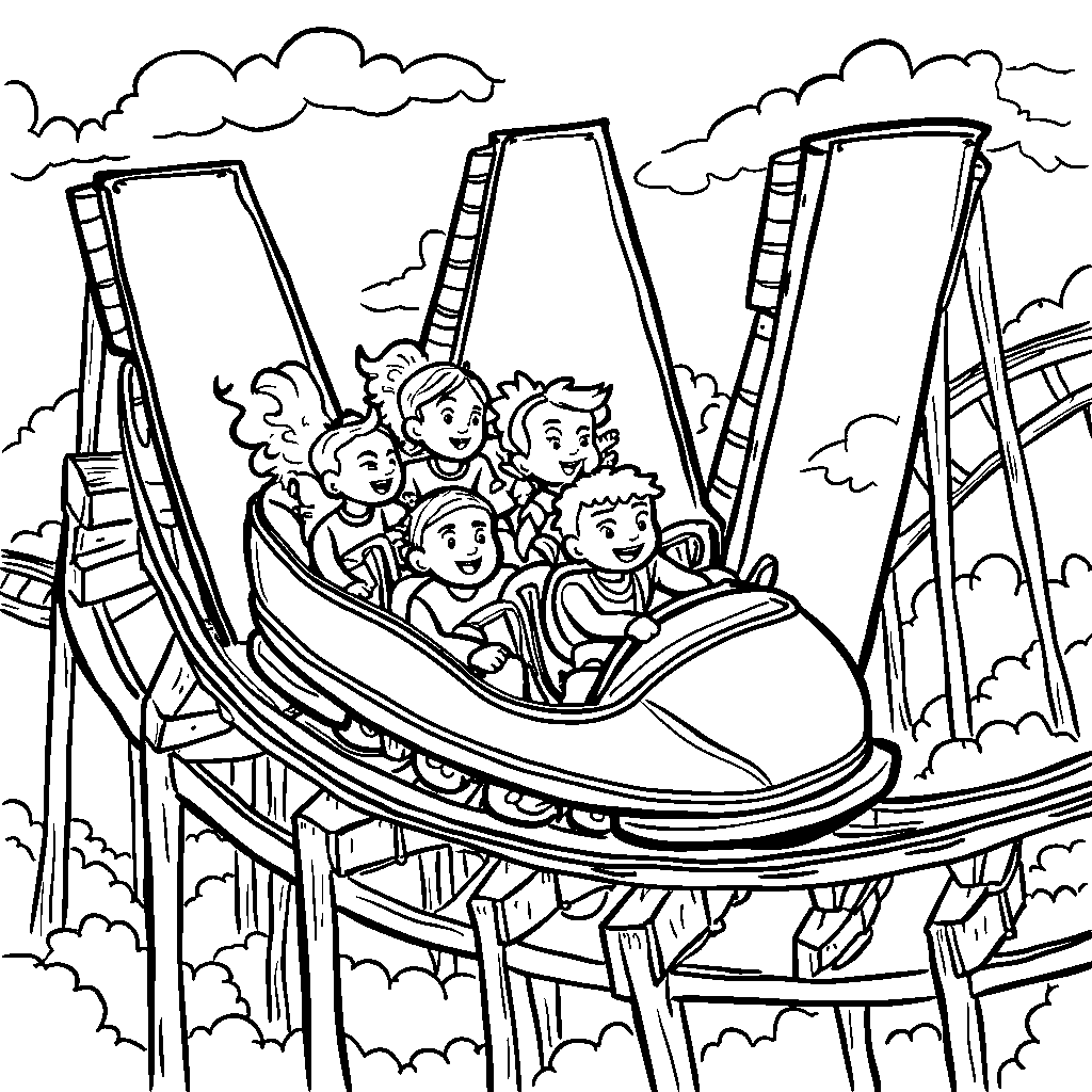 W shaped roller coasters with happy kids riding on them