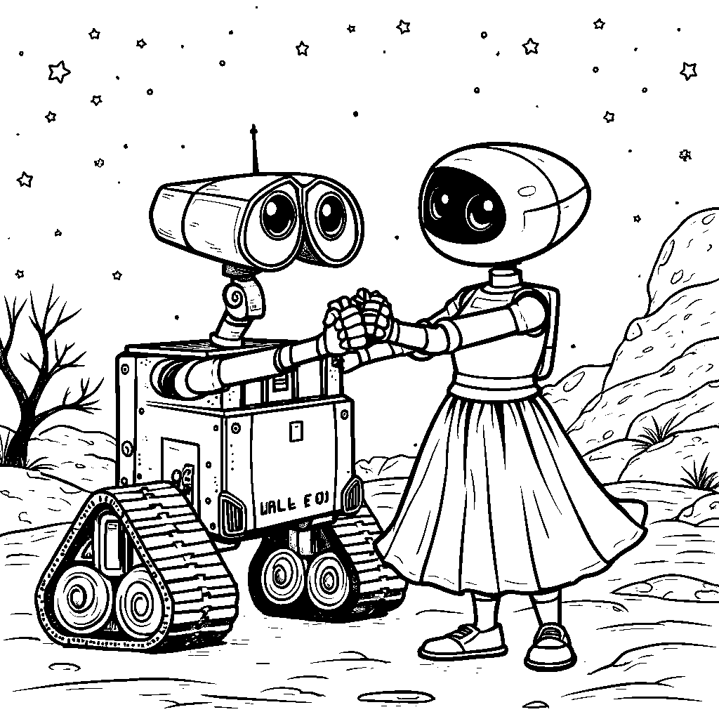 WALL-E and EVE dancing under the stars on a romantic night