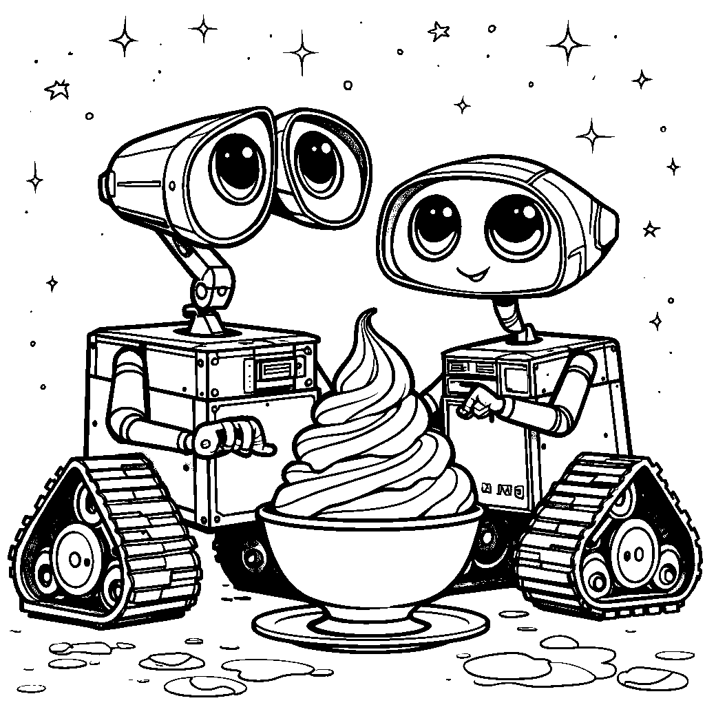 WALL-E and EVE sharing a plate of space ice cream