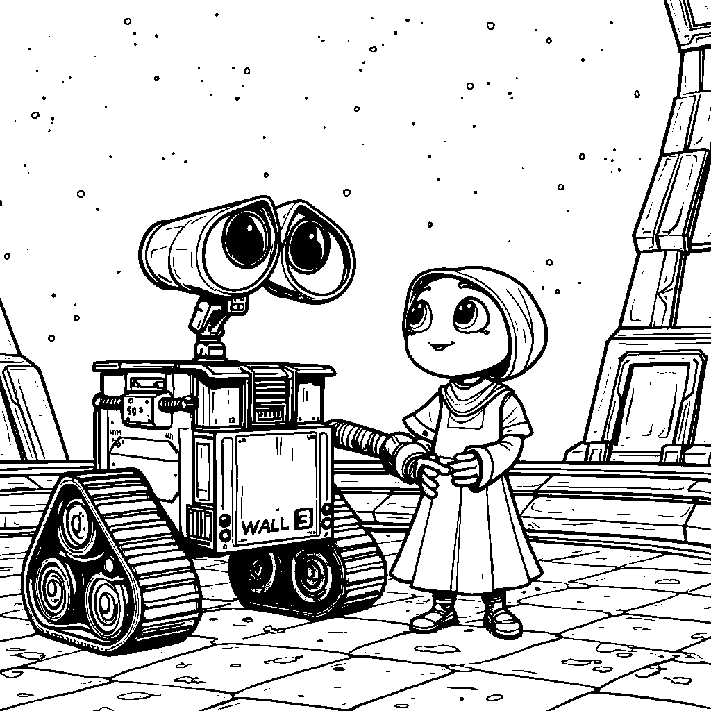 WALL-E and EVE standing on the deck of the spaceship Axiom