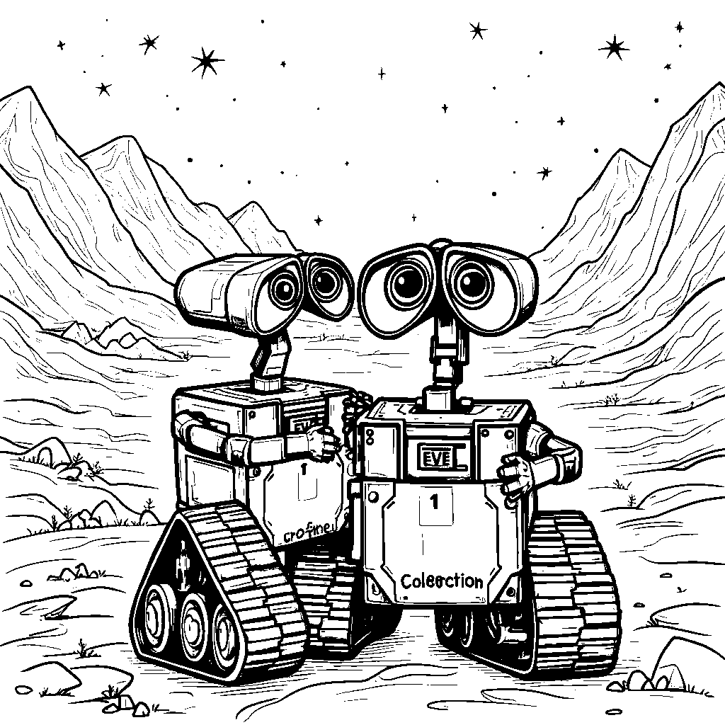 WALL-E and EVE taking a selfie in front of a beautiful landscape