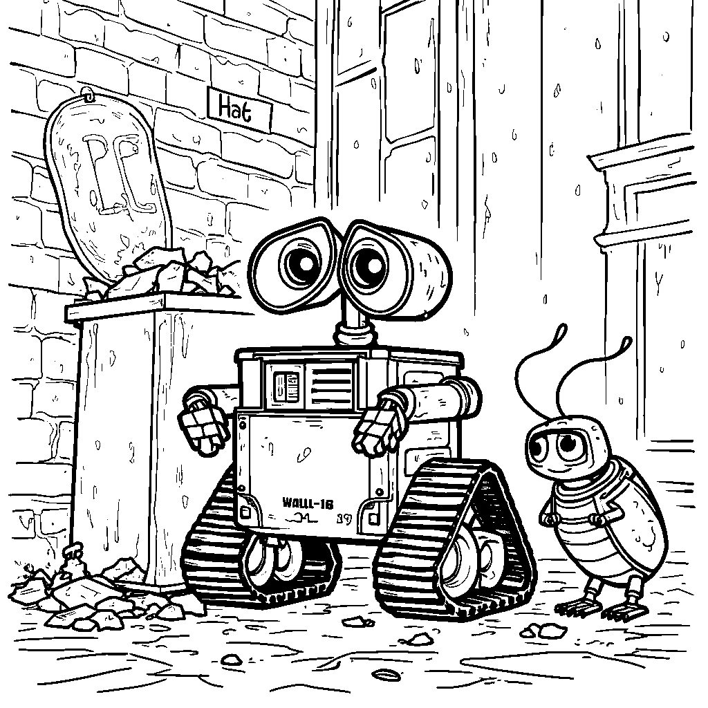 WALL-E and his cockroach friend Hal hiding behind a dumpster