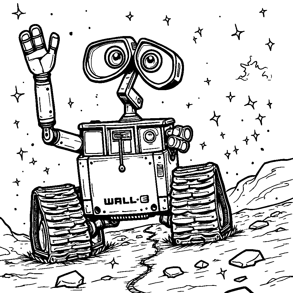 WALL-E flying through space with a trail of stars behind him