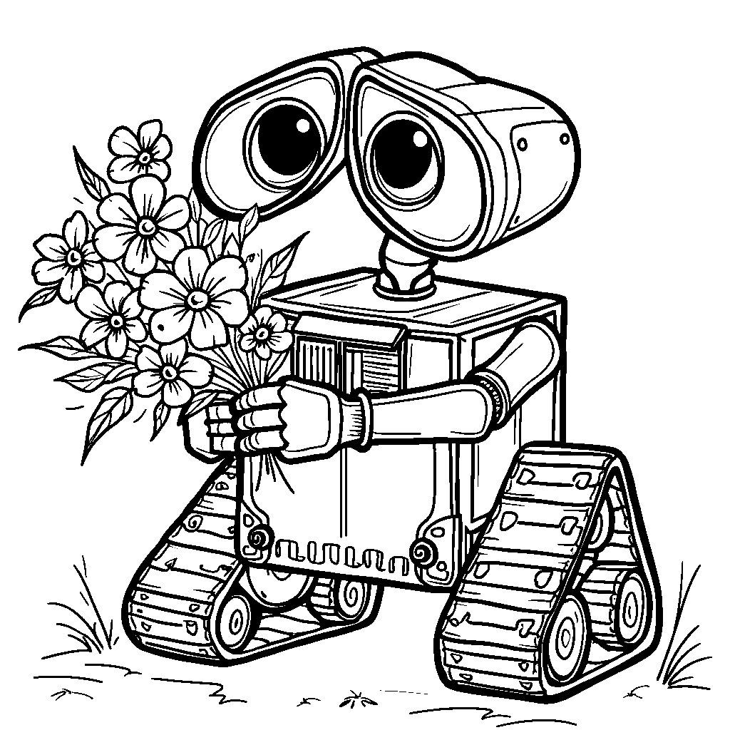 WALL-E giving a bouquet of flowers to EVE