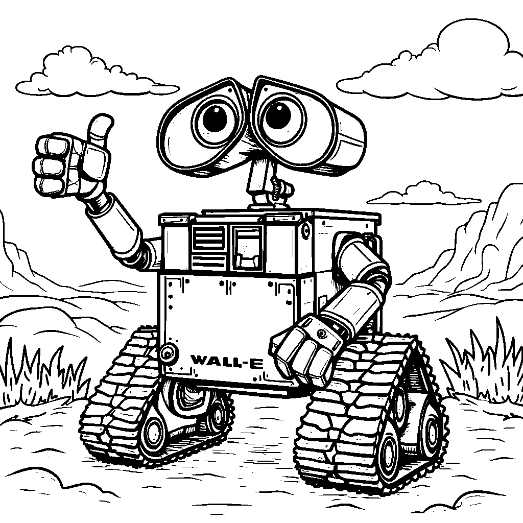 WALL-E giving a thumbs up in front of a bright blue sky