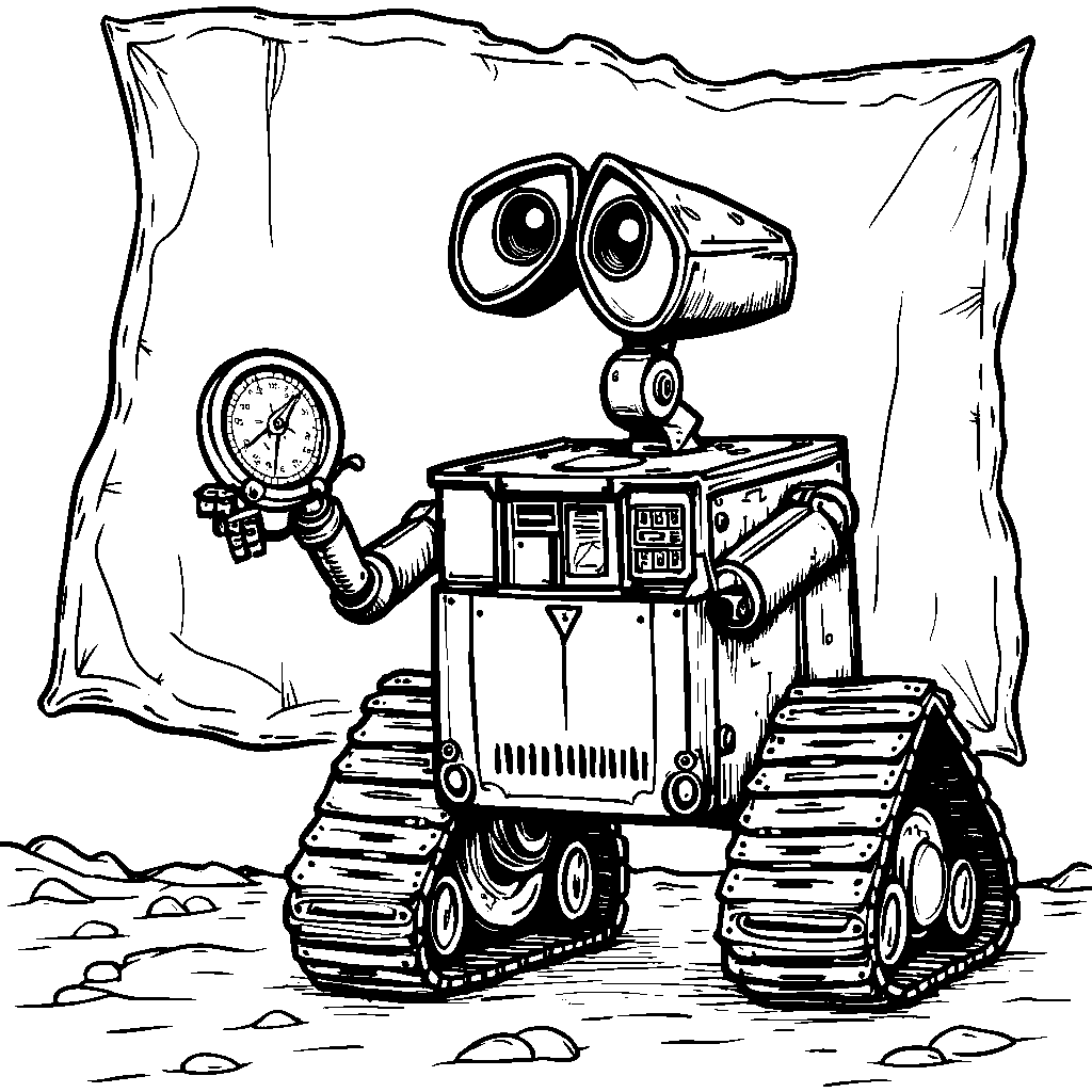 WALL-E holding a compass and standing in front of a map