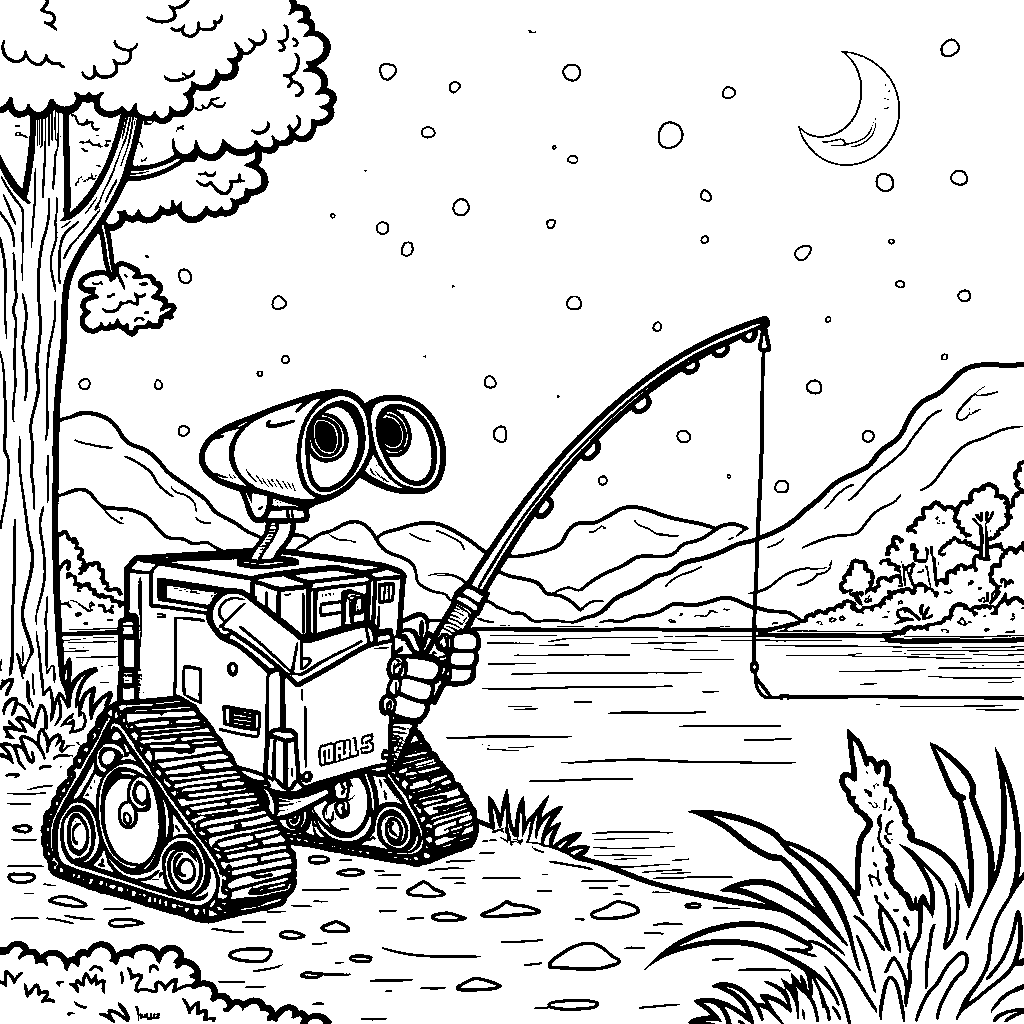 WALL-E holding a fishing rod and standing on the edge of a lake