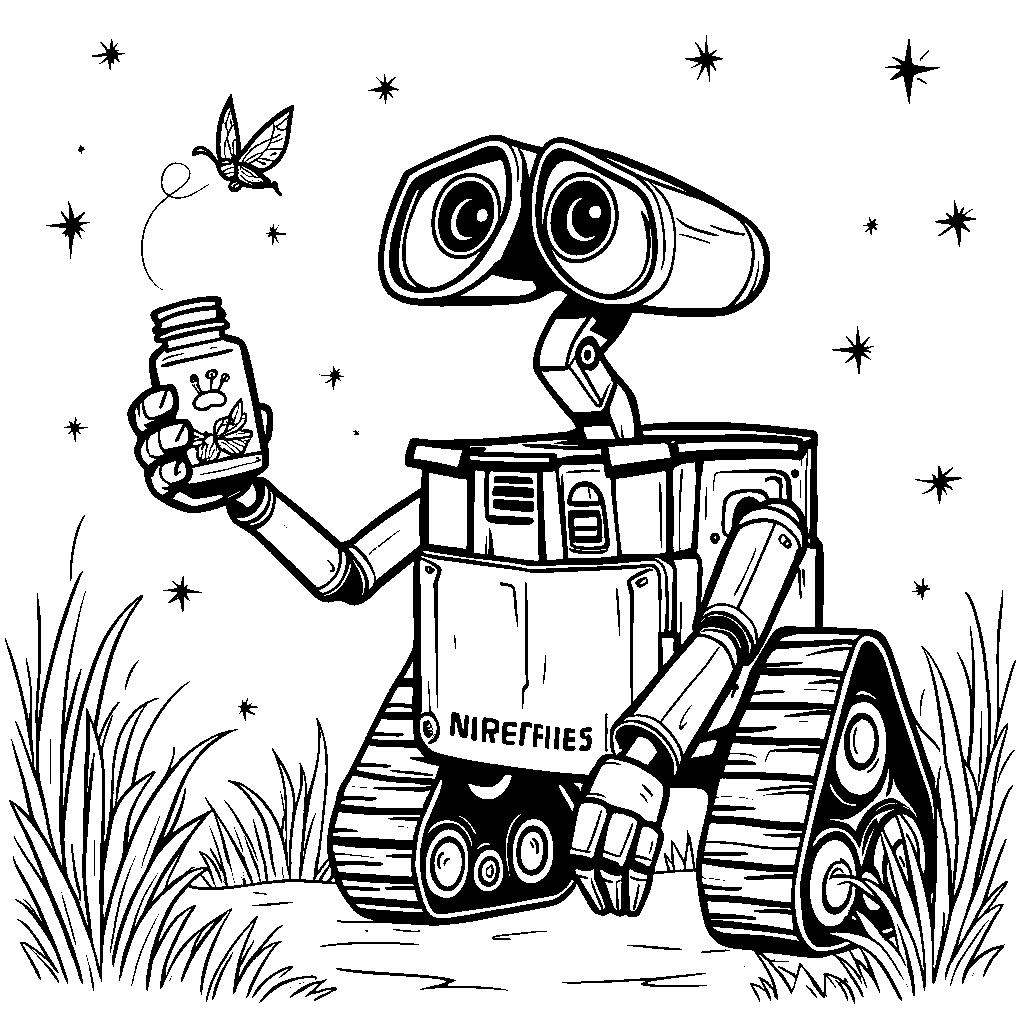 WALL-E holding a jar of fireflies on a summer night