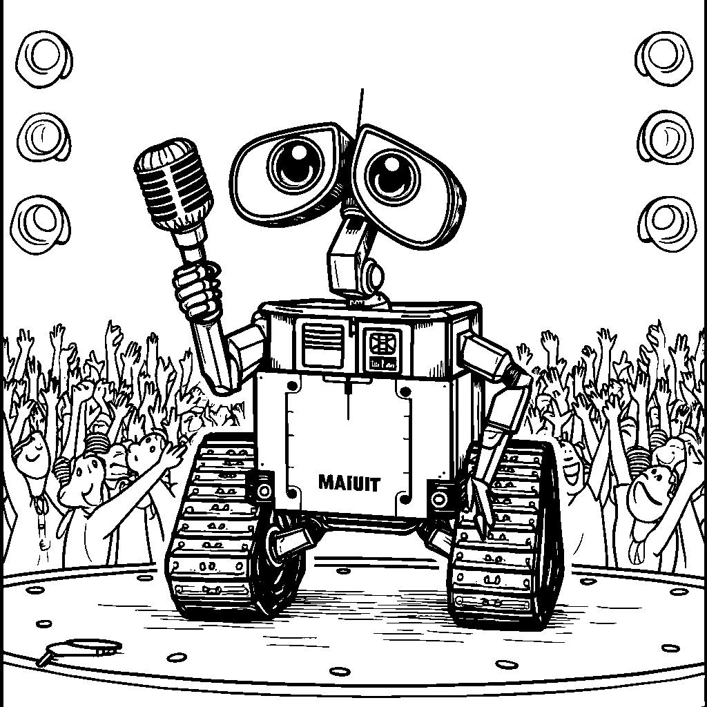 WALL-E holding a microphone and standing on a stage