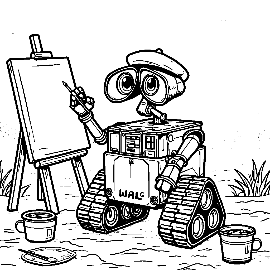 WALL-E holding a paintbrush and standing in front of an easel