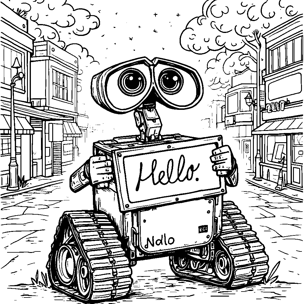 WALL-E holding a sign that says 'Hello' in multiple languages