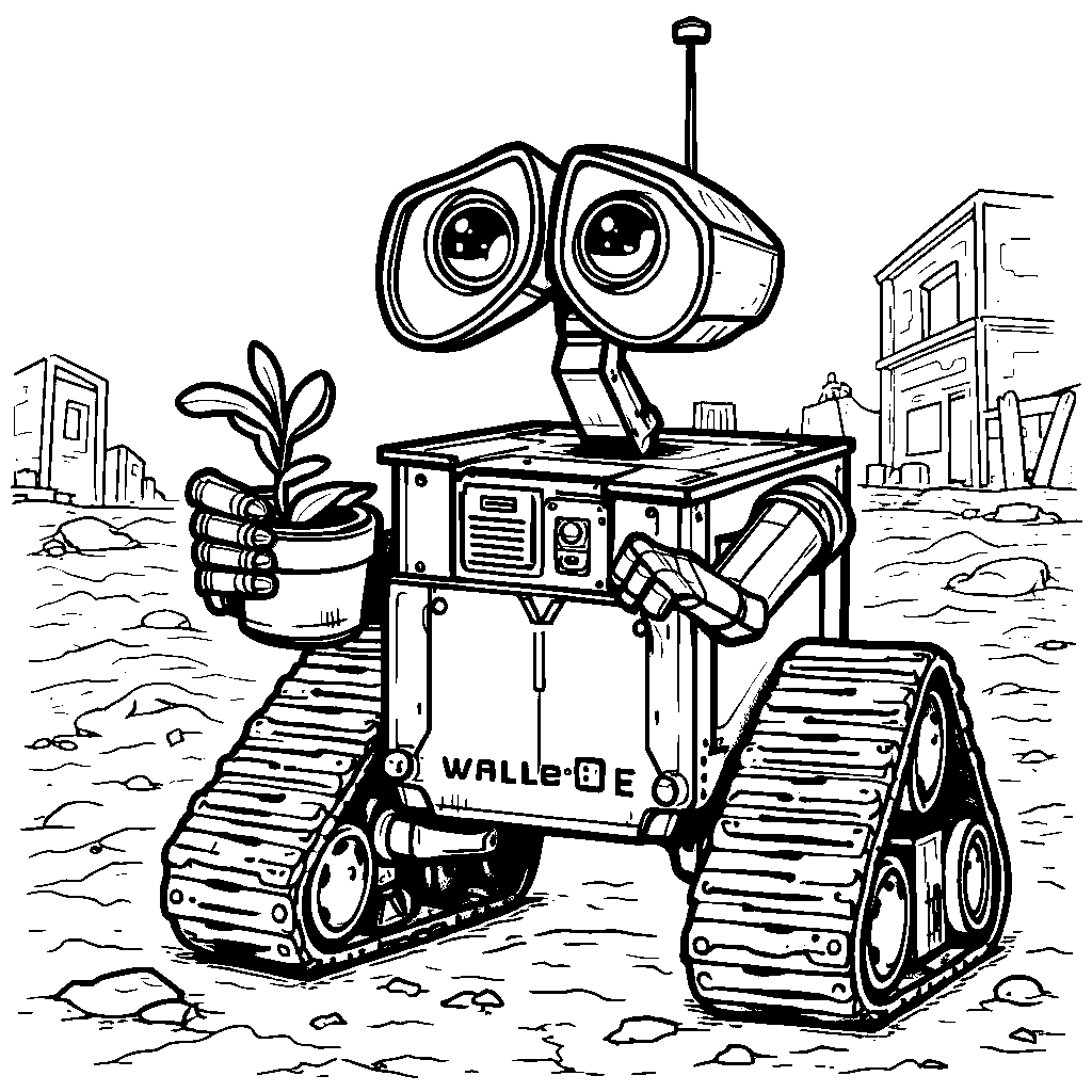 WALL-E holding a small plant in a pot with a smile