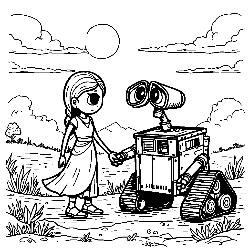 WALL-E holding hands with EVE in front of a beautiful sunset