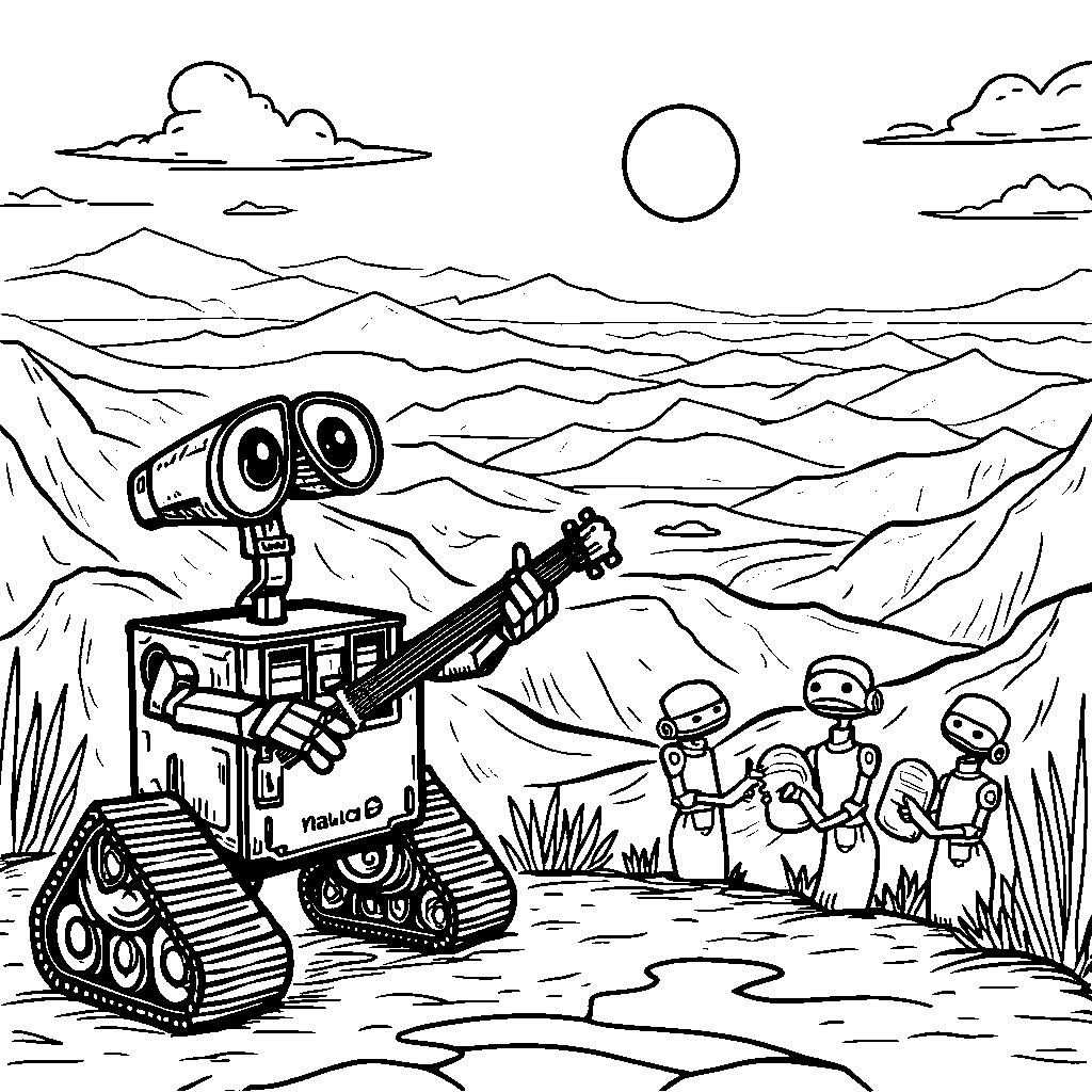 WALL-E playing a guitar on a mountaintop