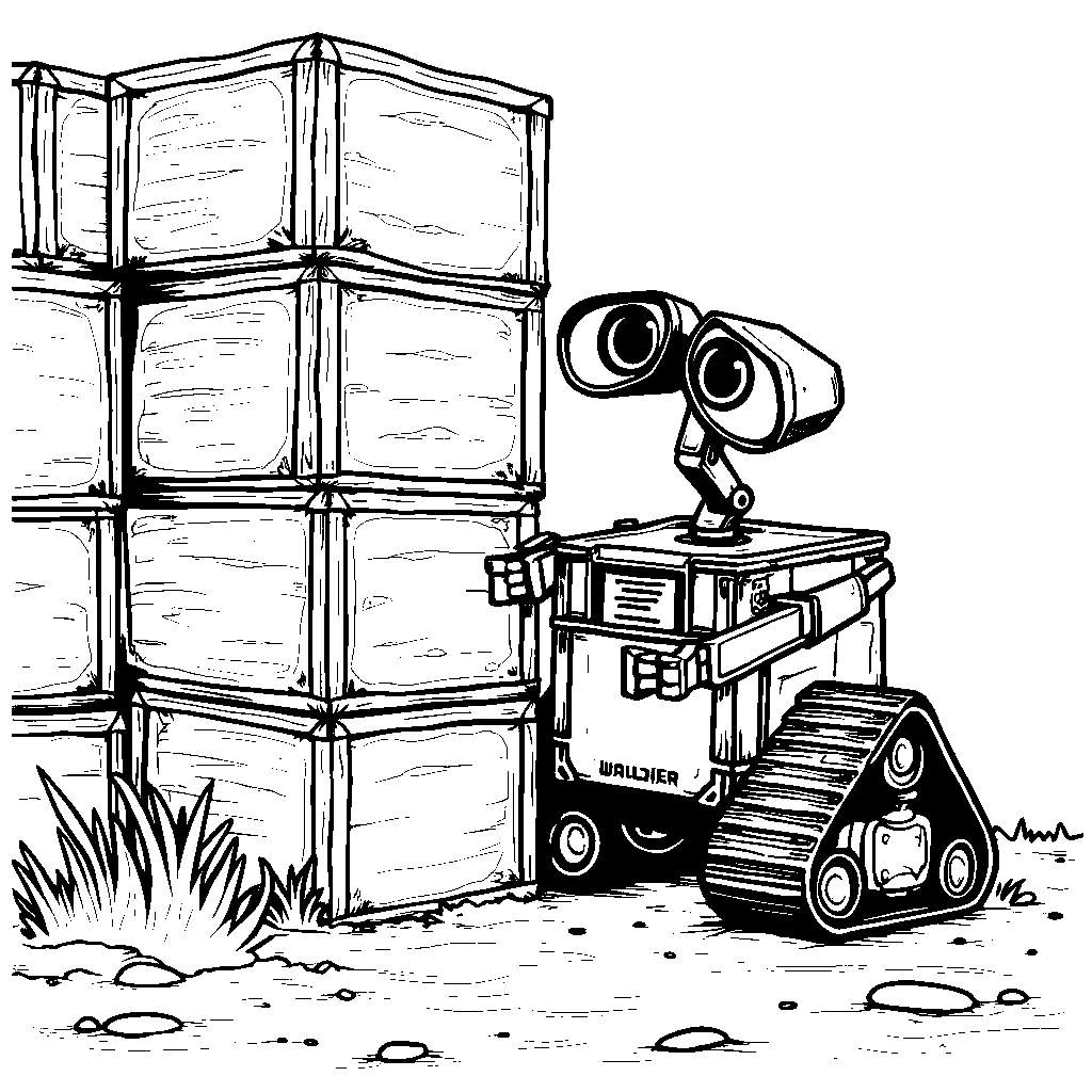 WALL-E playing hide-and-seek behind a stack of crates