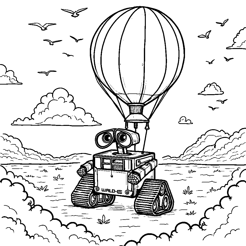 WALL-E riding a hot air balloon above the clouds