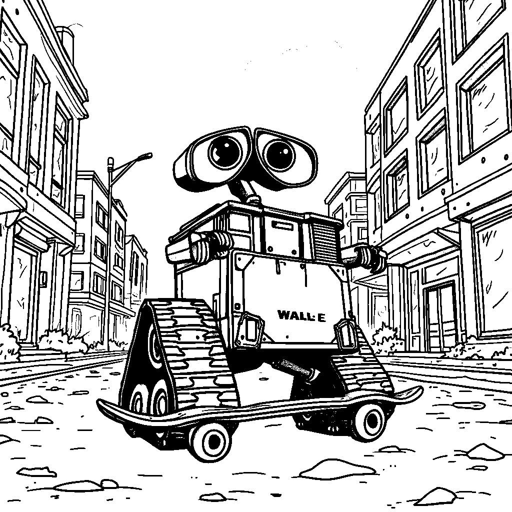 WALL-E riding a skateboard through a deserted city street