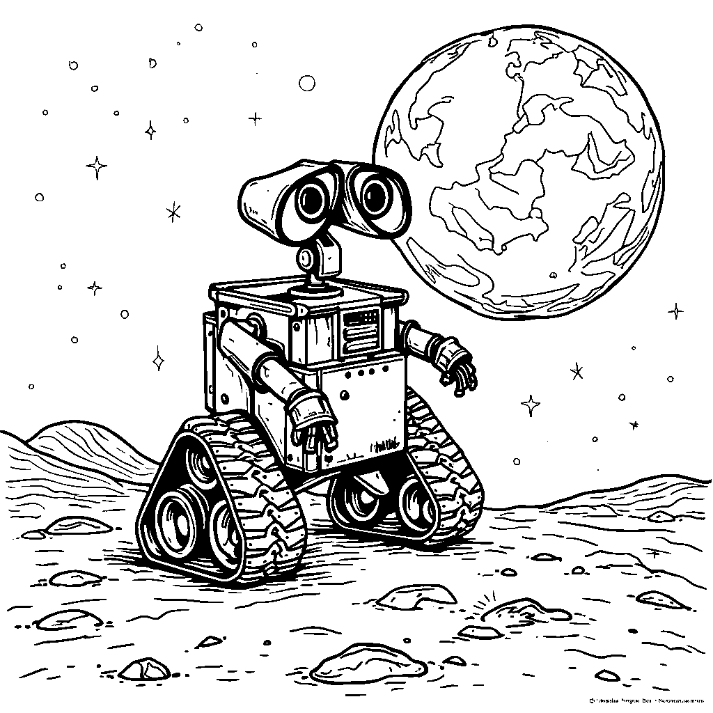 WALL-E riding a unicycle on the moon