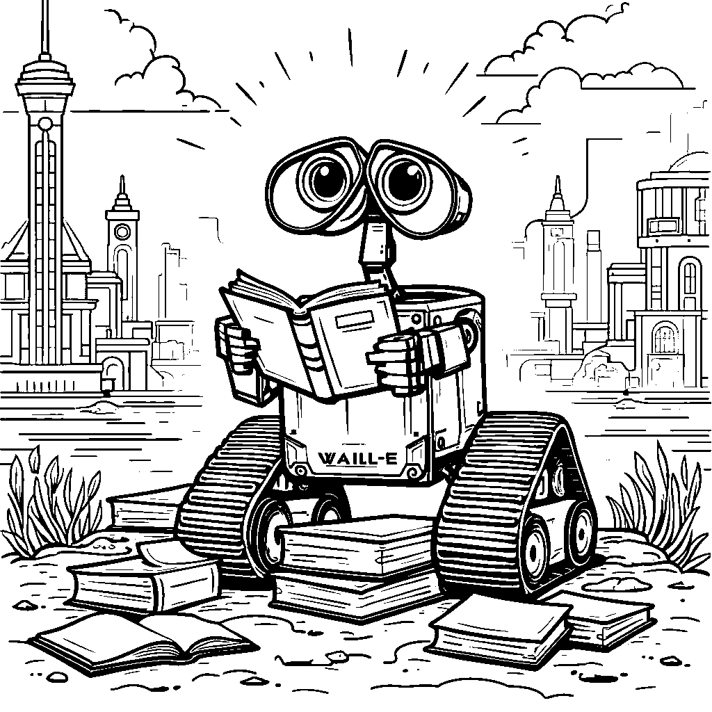 WALL-E sitting on a pile of books reading a novel