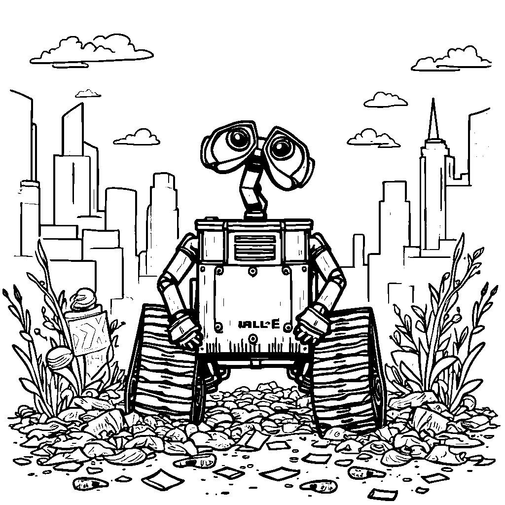 WALL-E sitting on a throne made of trash and recyclables