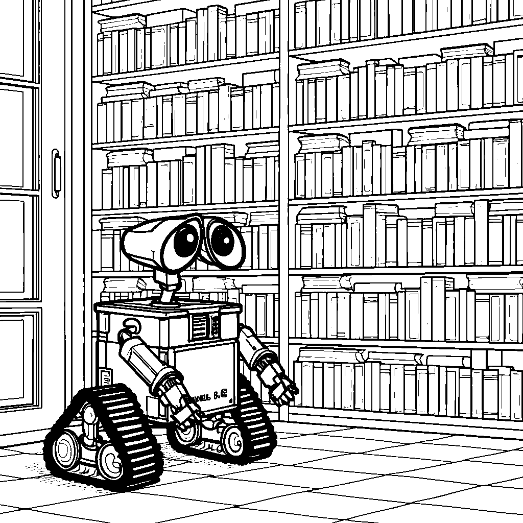 WALL-E standing in front of a giant bookshelf filled with classics