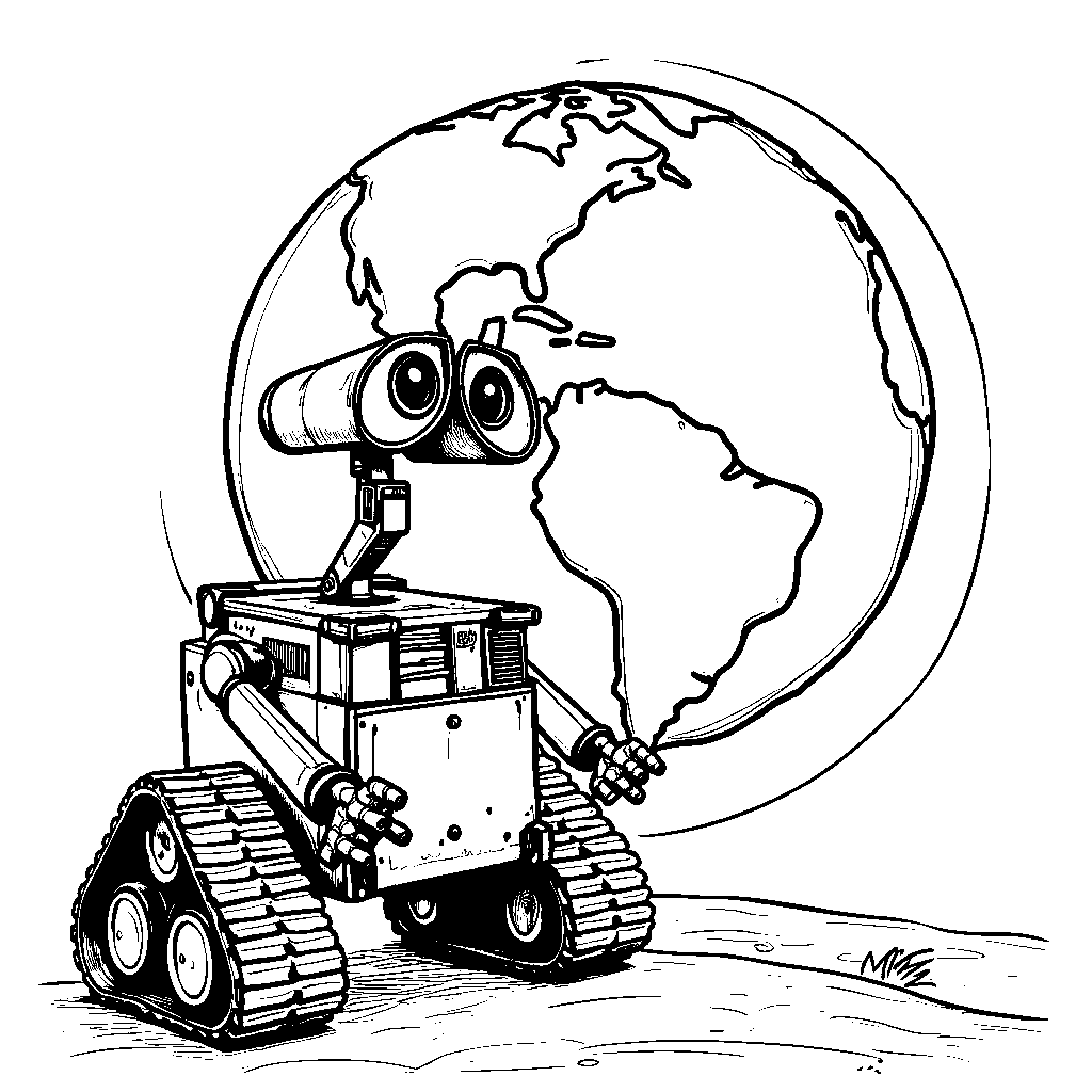 WALL-E standing in front of a giant globe of the Earth