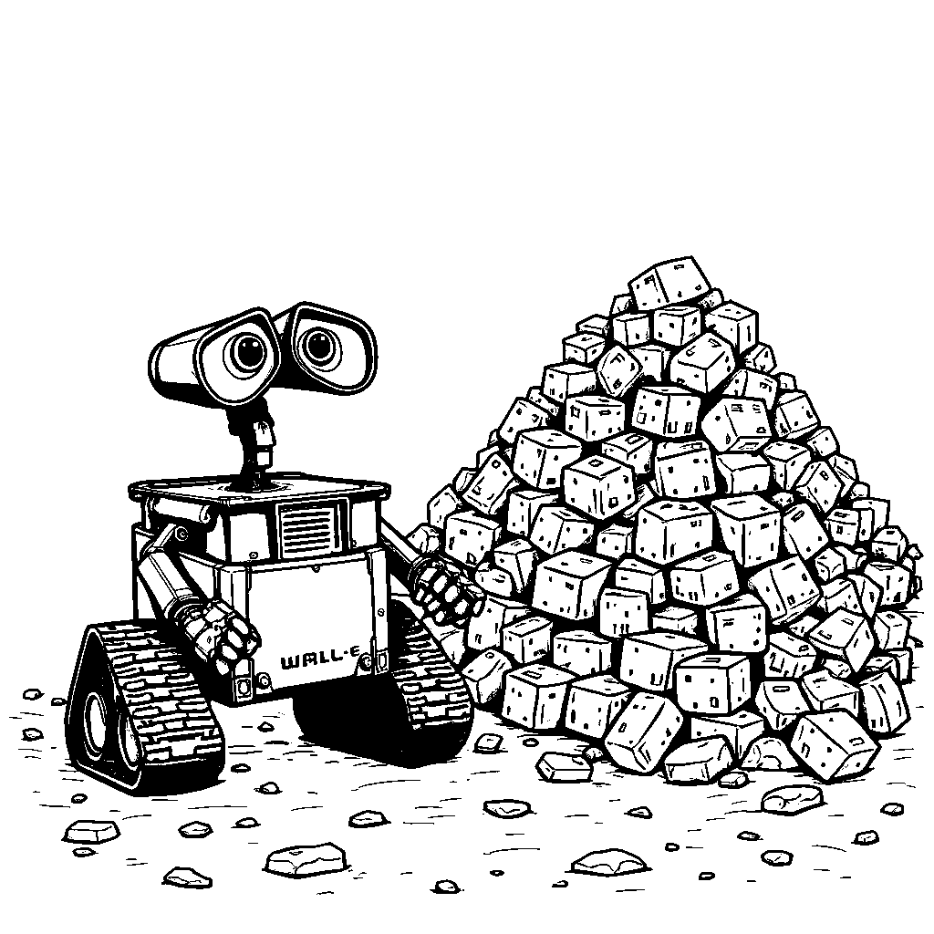 WALL-E standing in front of a giant pile of compacted trash cubes