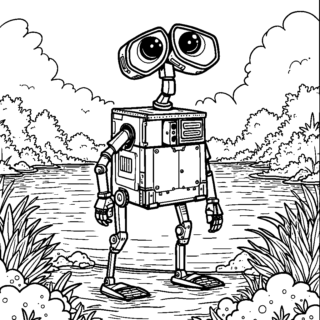 WALL-E standing on one leg like a flamingo in front of a lake