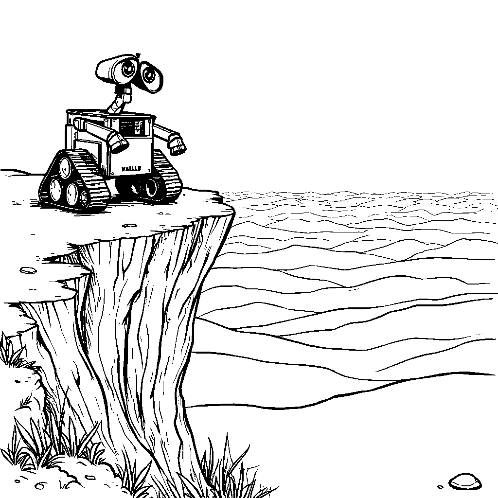 WALL-E standing on the edge of a cliff overlooking a vast desert