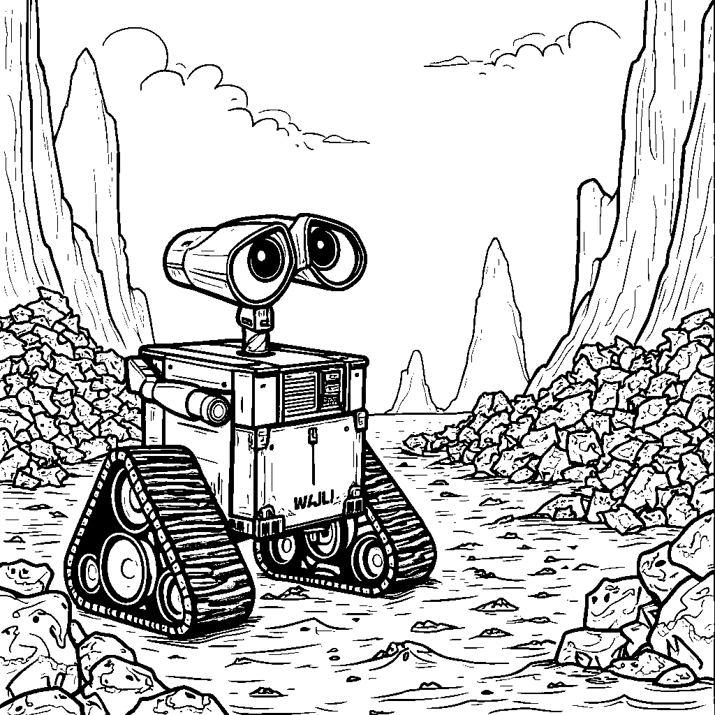 WALL-E surrounded by piles of trash on a dirty planet Earth