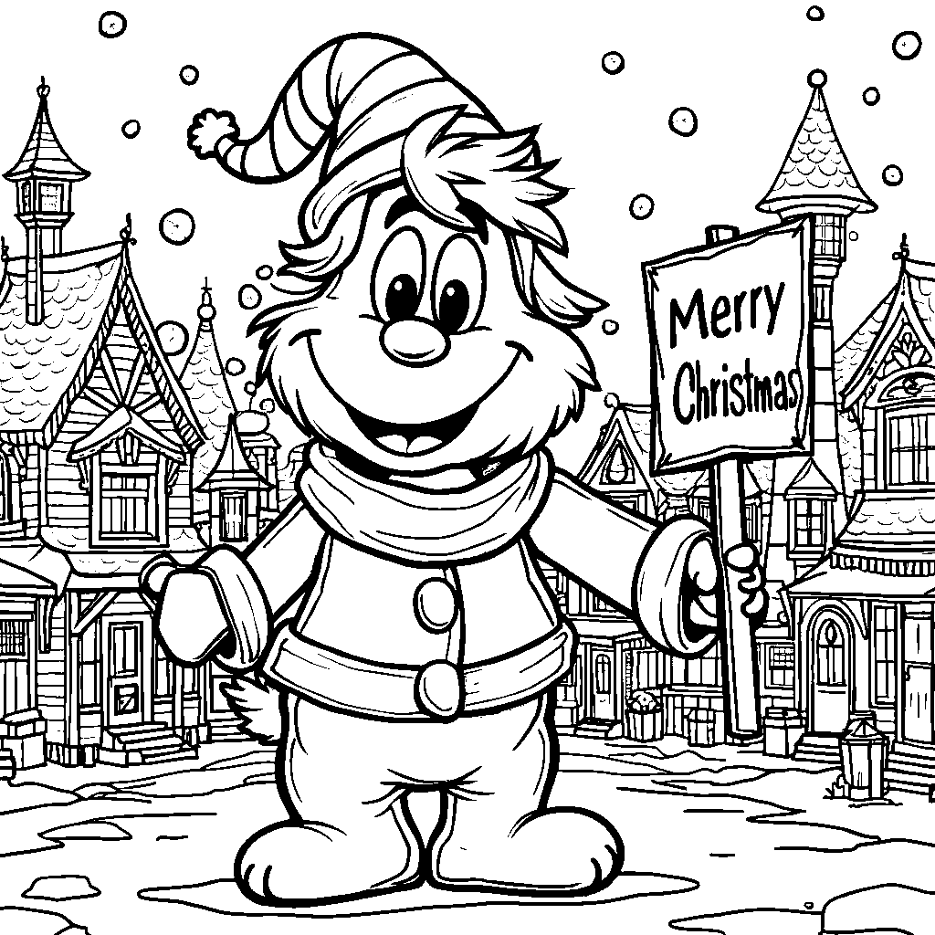 A Whoville Resident Holding a 'Merry Christmas' Sign