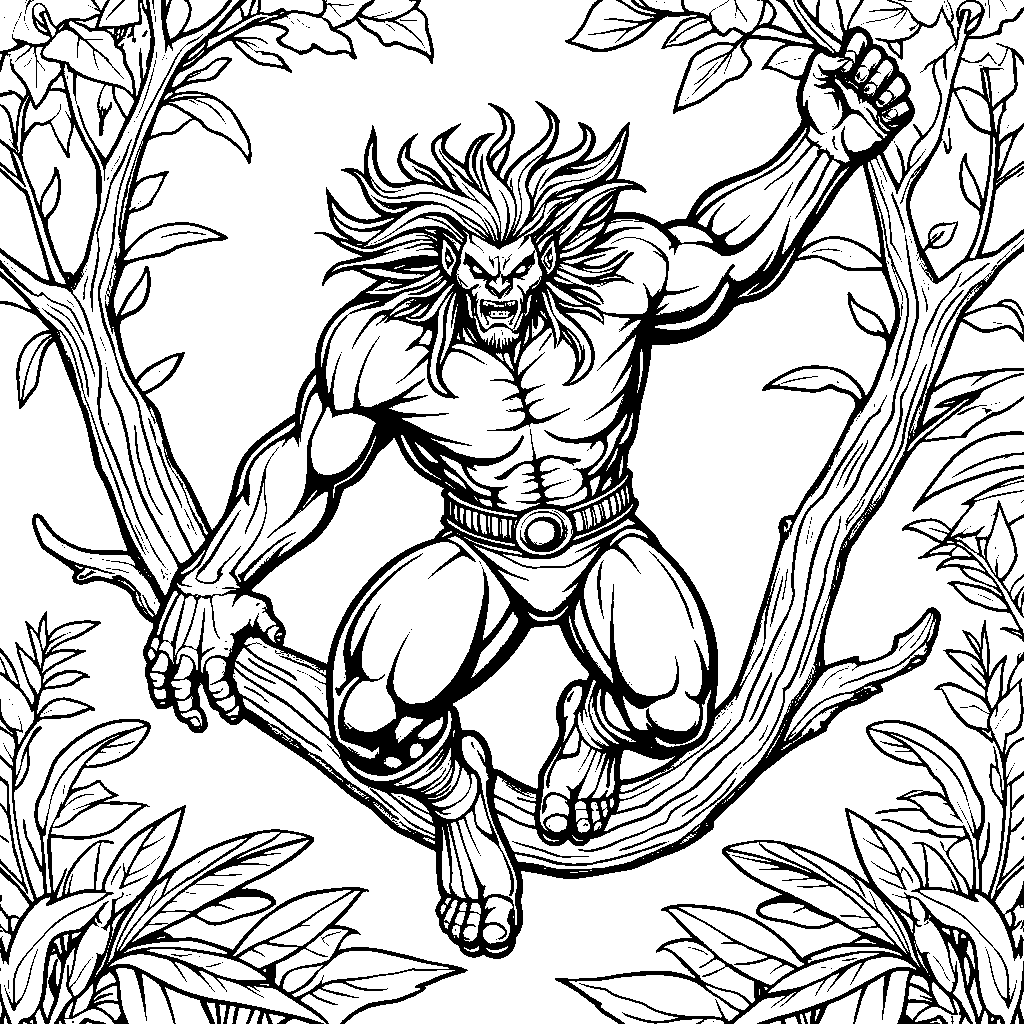 Beast swinging from a tree branch with his prehensile feet