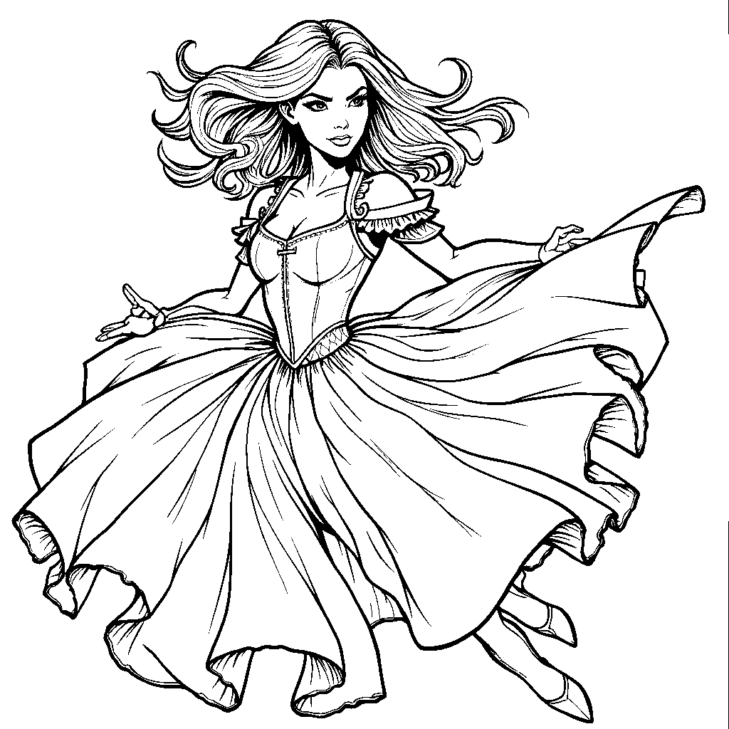 Rogue flying through the air with a Southern belle dress