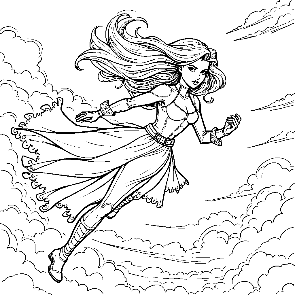 Rogue flying through the air with her Southern belle dress flowing