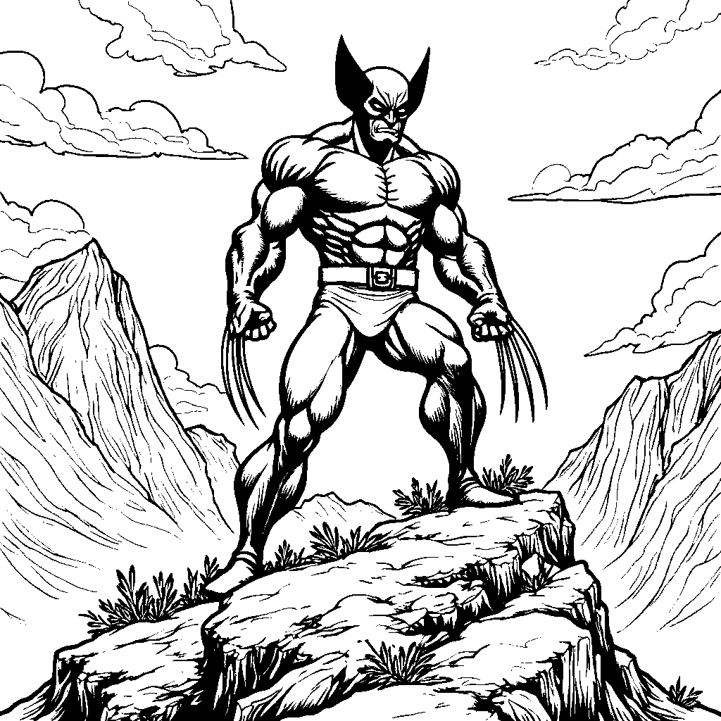 Wolverine standing on a mountain peak with his claws out