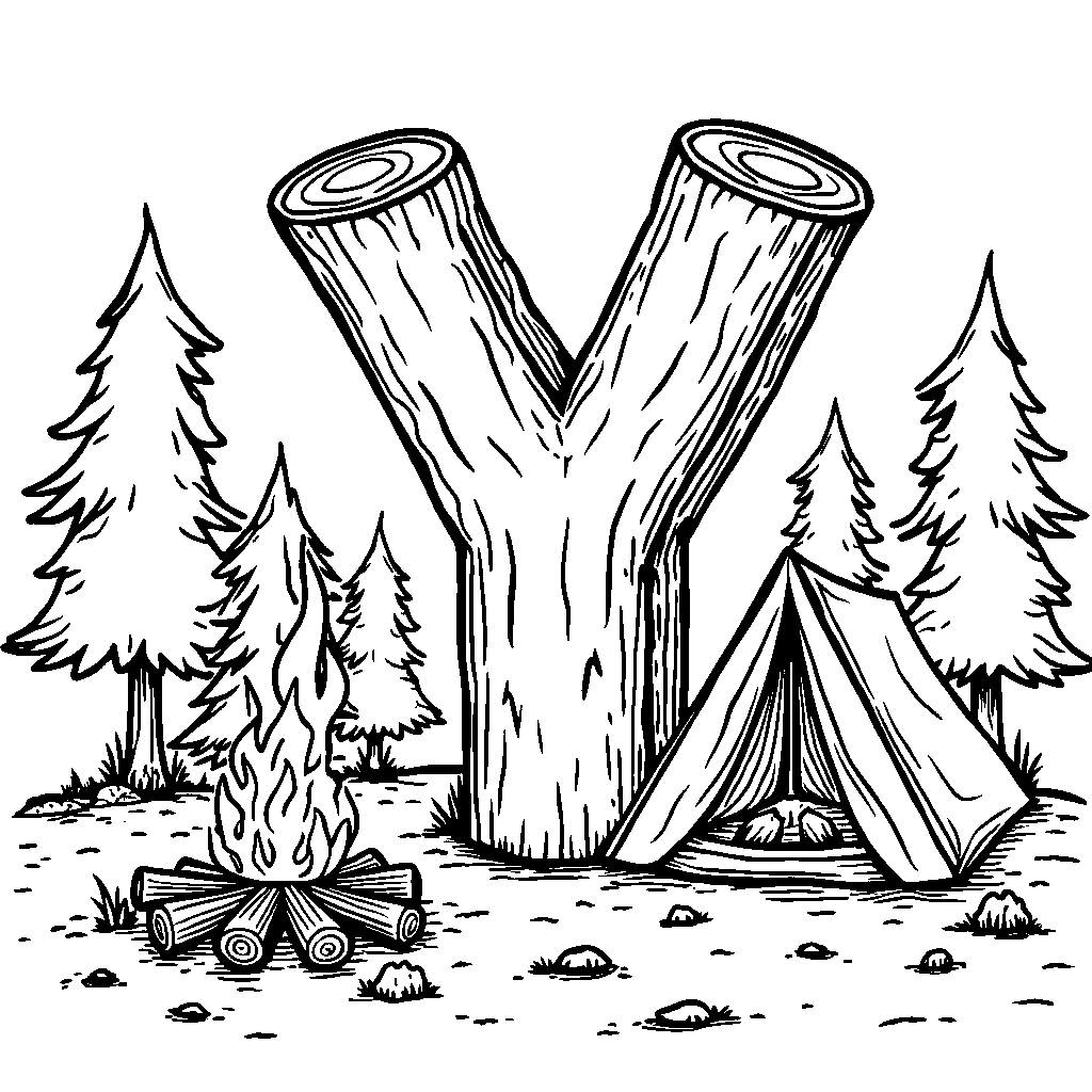 A camping scene with the letter Y made out of logs