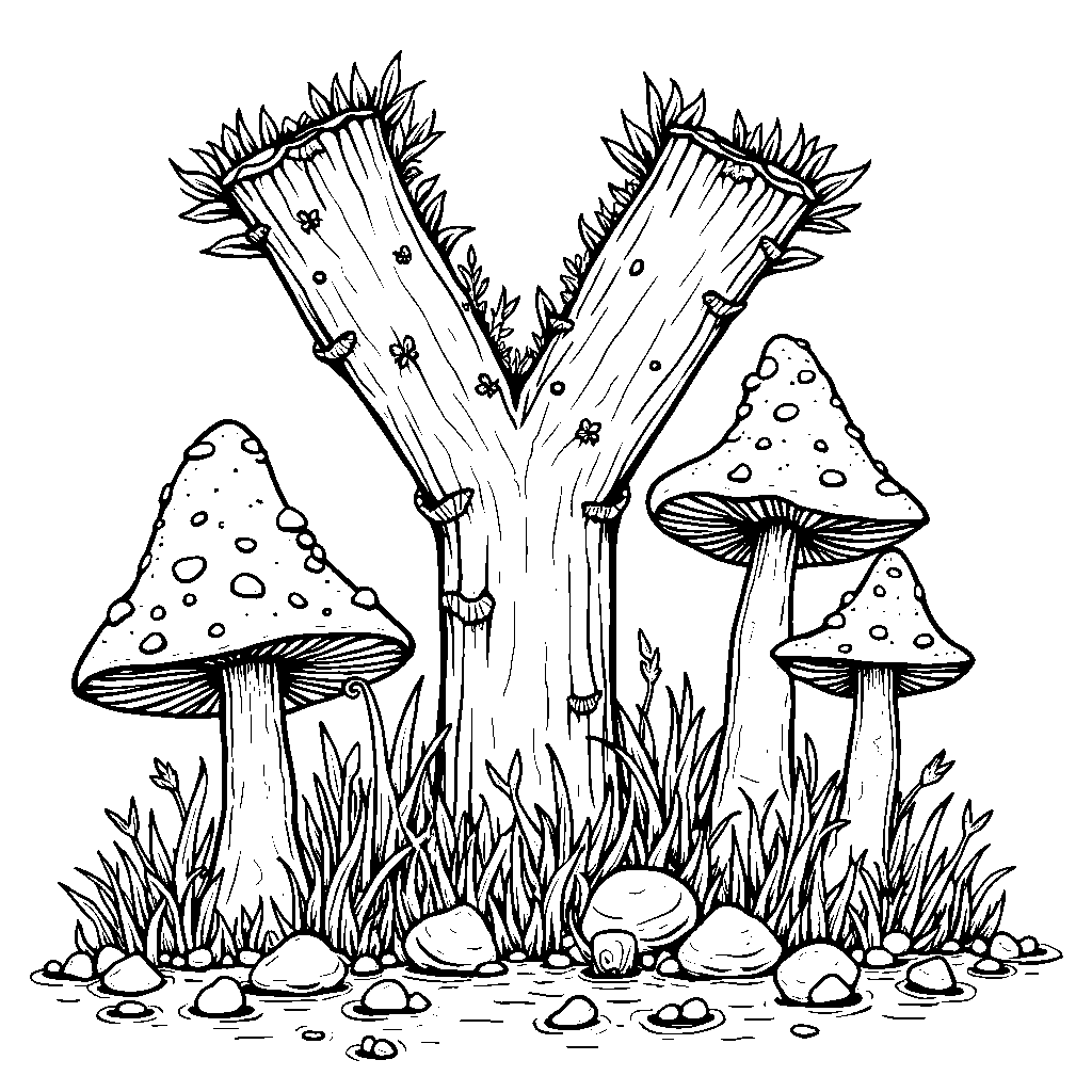 A fairy garden with the letter Y made out of mushrooms