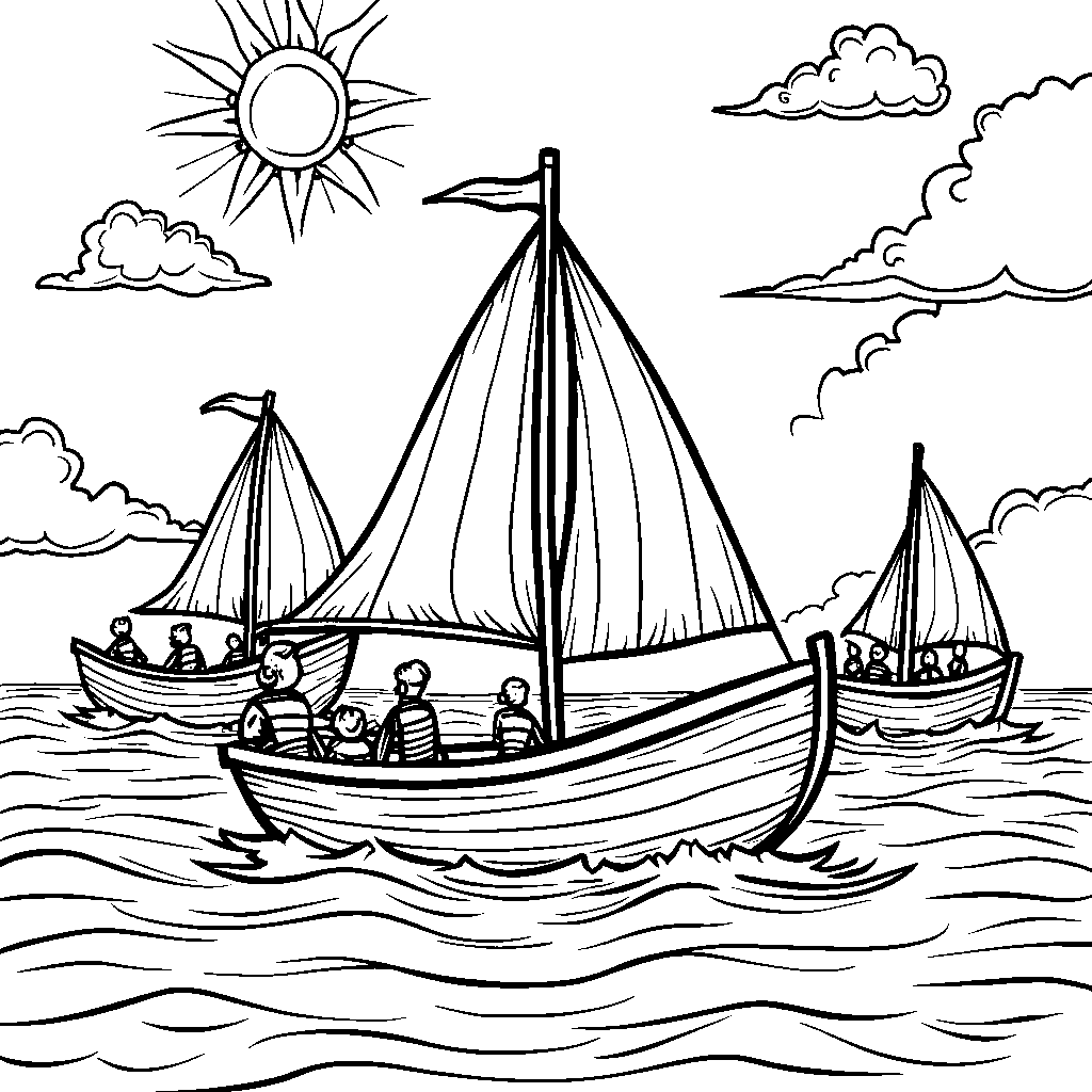 A family of Y-shaped boats sailing on a sunny day