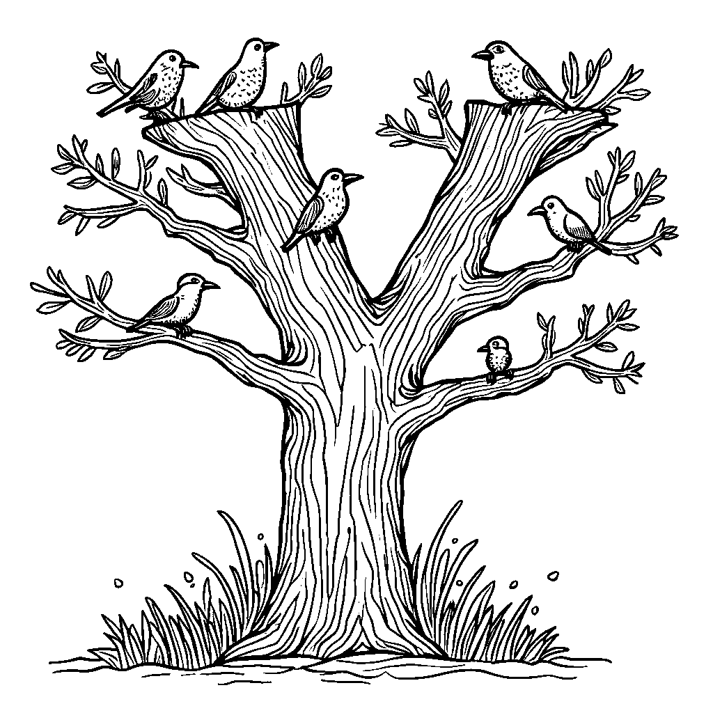 A giant letter Y as a tree with birds perched on it