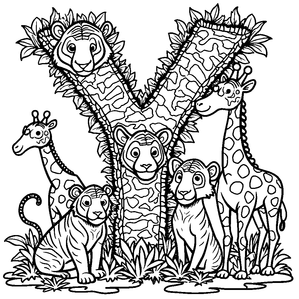 A jungle scene with animals forming the letter Y