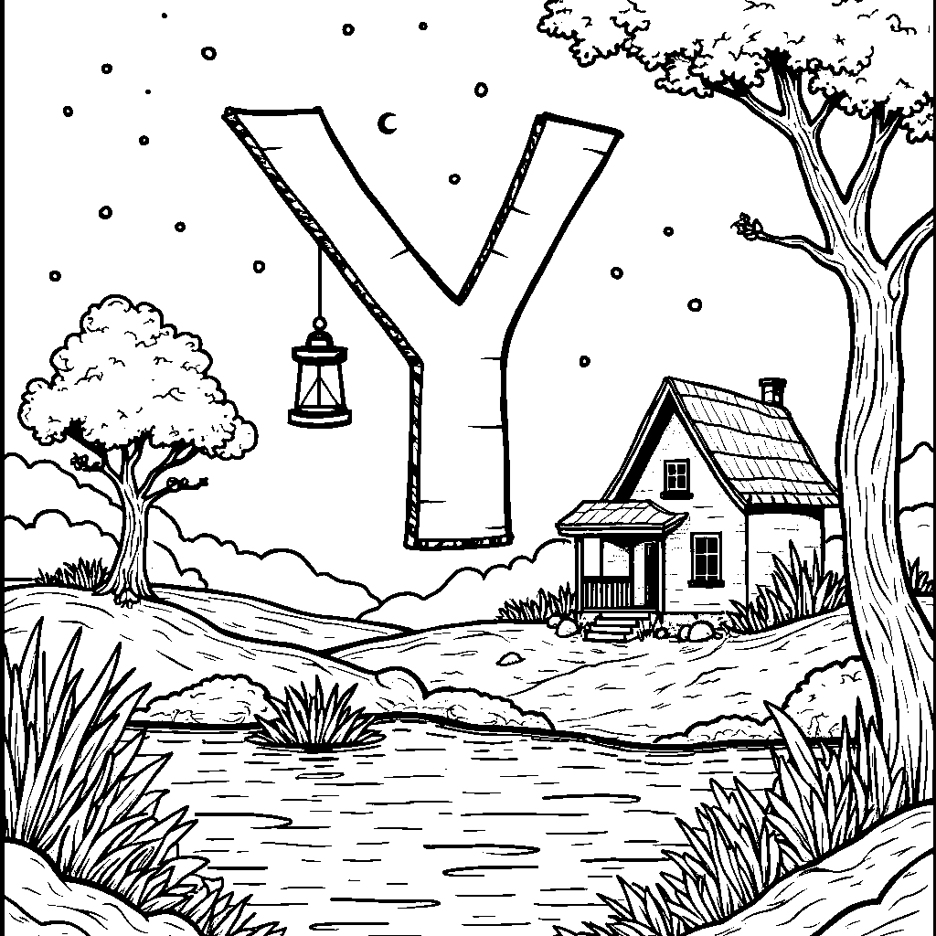 A nighttime scene with the letter Y as a glowing lantern