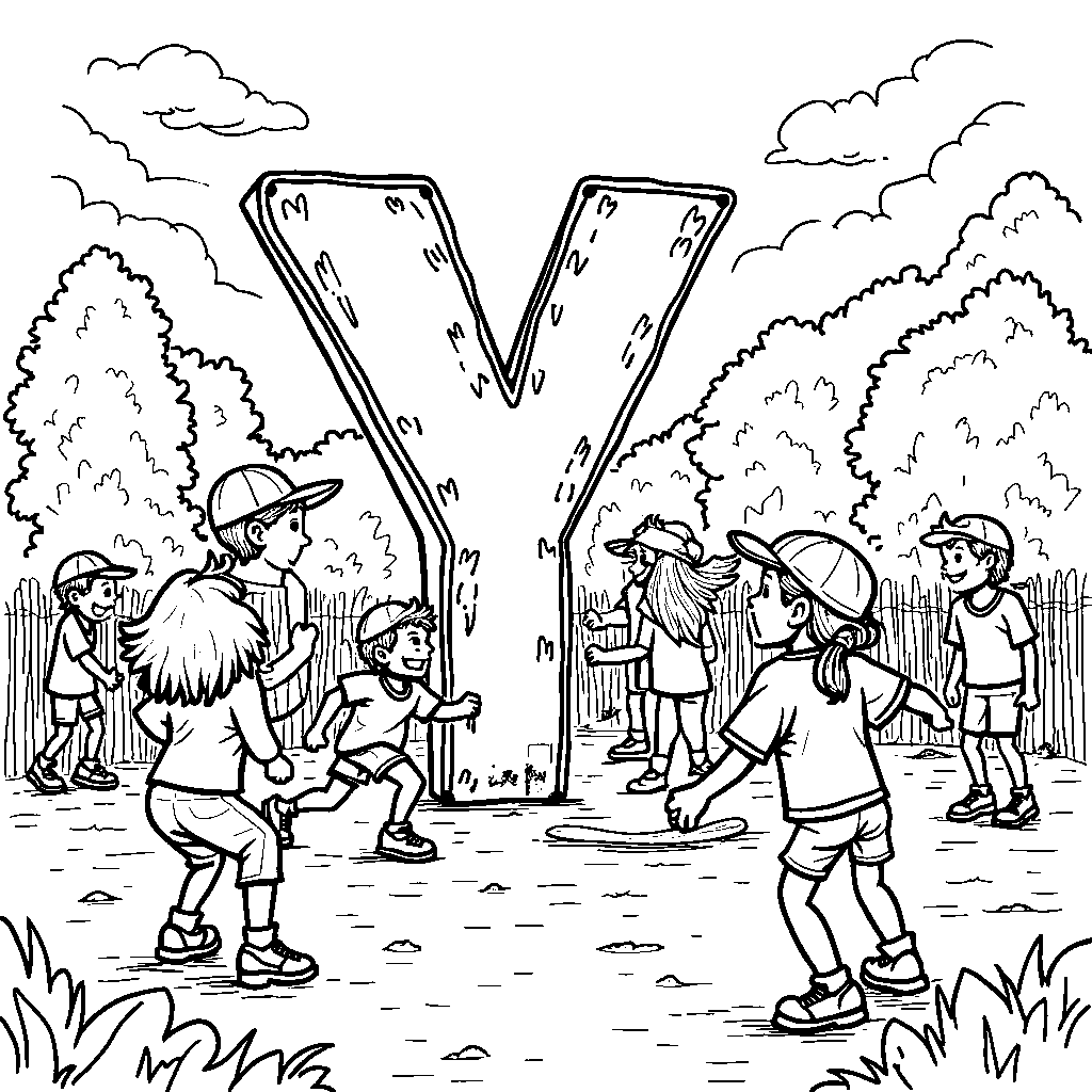 A sports scene with kids playing around the letter Y