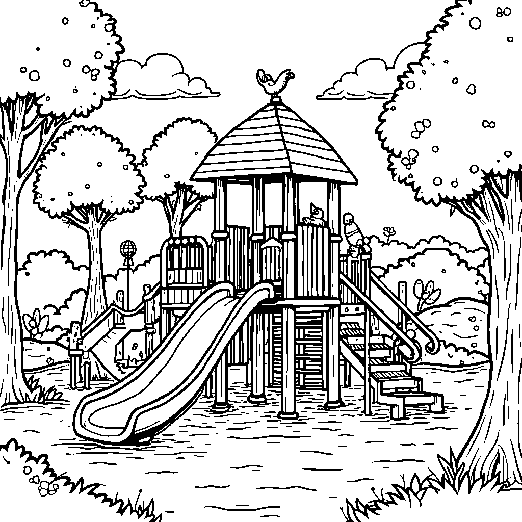 A whimsical Y-shaped slide in a playground scene