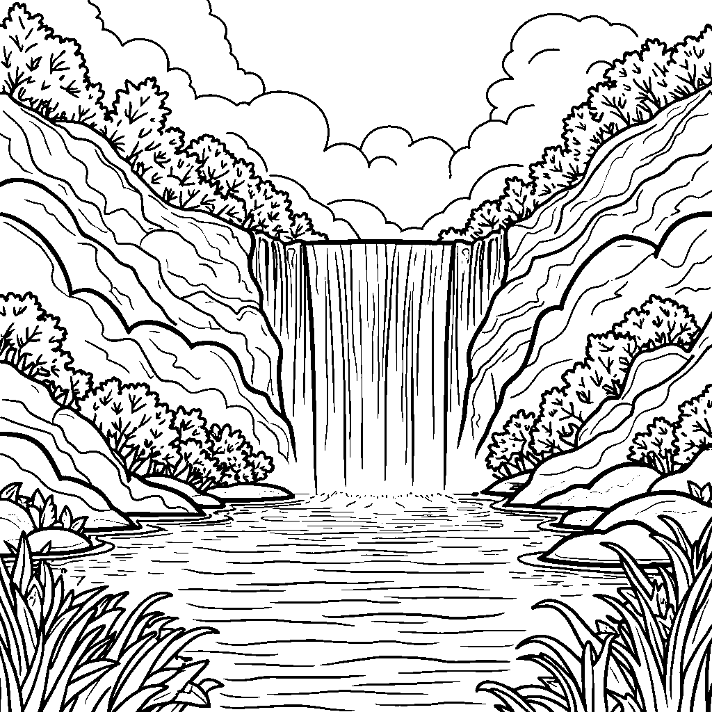 A Y-shaped waterfall cascading into a sparkling lake