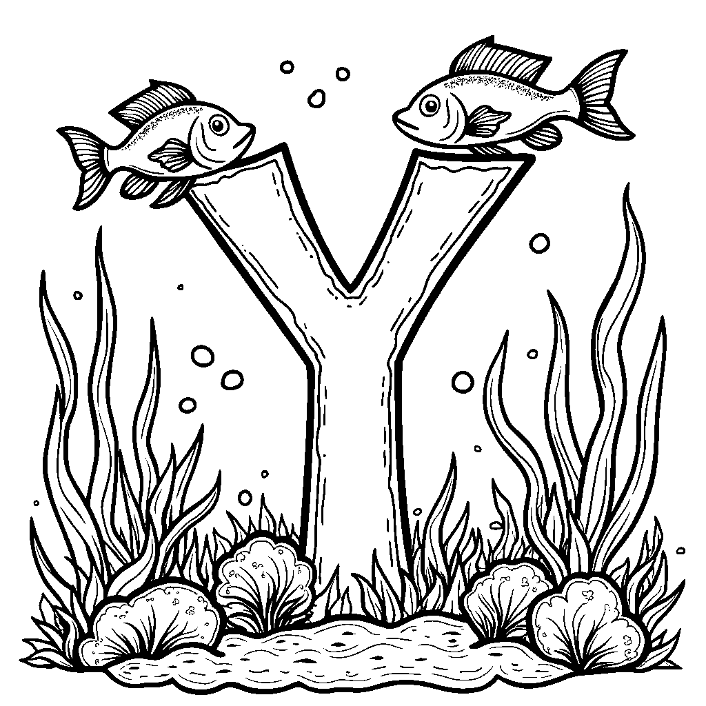 An underwater scene where fish swim around the letter Y