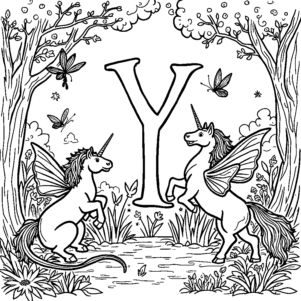 The letter Y appearing in a fairy tale with mythical creatures