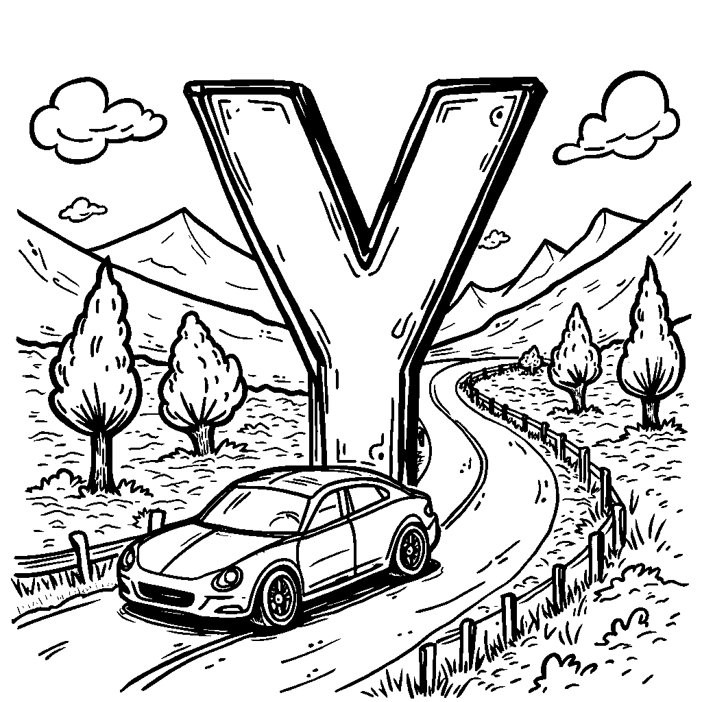 The letter Y as a winding road with cars and trees alongside