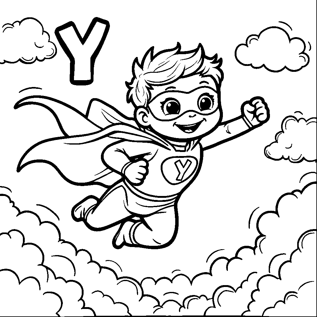 The letter Y dressed as a superhero flying through the sky